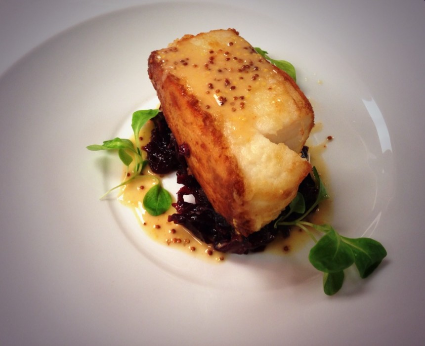 Pan Seared Halibut  Braised Red Cabbage, Mustard Veloute