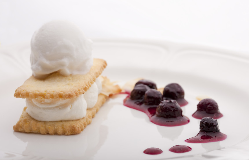 Lemon Shortbread with Goat Cheese Cream, Blueberry Compote and Coconut Sorbet