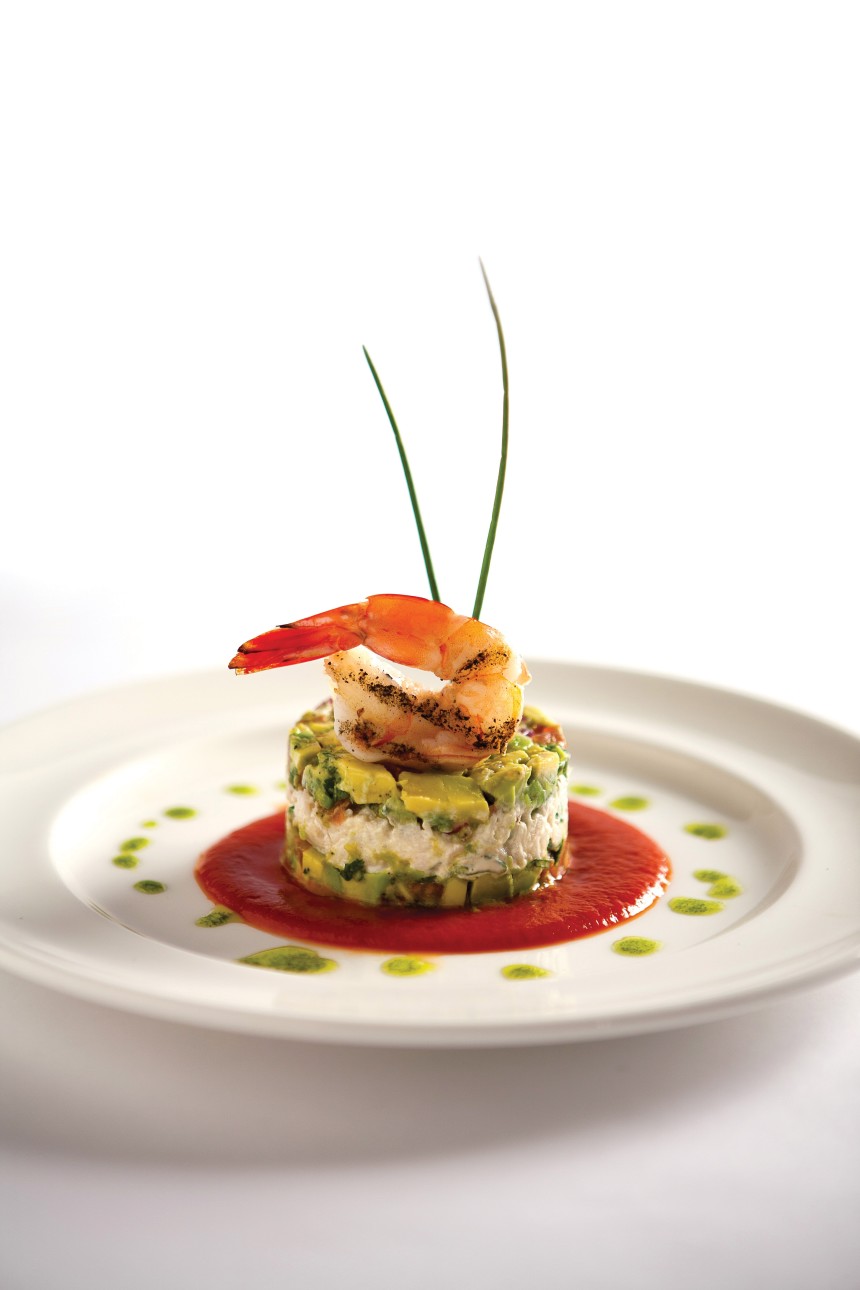 Chilled Gulf Shrimp, Blue Crab and Avacado With A Spicy Tomato Coulis and Herb Oil