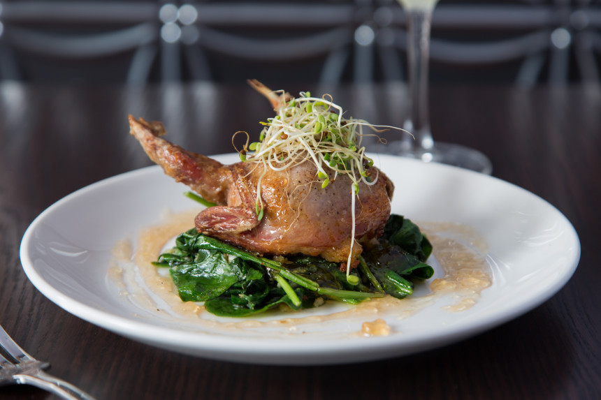 Roast Quail with Cornbread/Pickled Mirliton dressing and Mayhaw Gatrique