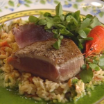 Grilled Tuna with Crawfish Pirlau and Watercress Essence