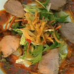 Grilled Pork Tenderloin with Wilted Salad and Pasta Pancake