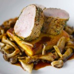 Herb Crusted Pork Tenderloin with Mascarpone Polenta Cakes and Port Wine Reduction