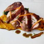 Maple Laquered Duck with Braised Turnip Green and Roasted Pumpkin
