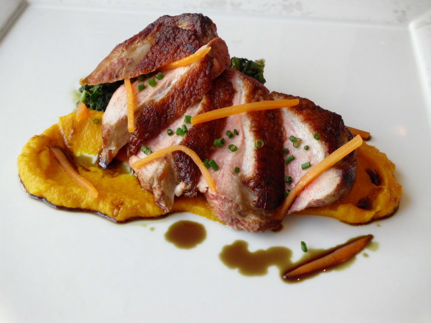 Maple Laquered Duck with Braised Turnip Green and Roasted Pumpkin
