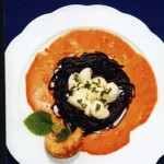 Black Pasta Nest with Lobster Quenelle Eggs in Dill-Lobster Cream