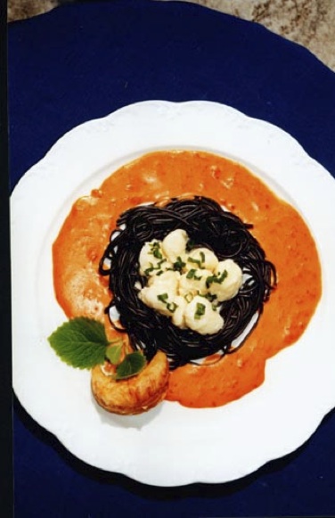 Black Pasta Nest with Lobster Quenelle Eggs in Dill-Lobster Cream