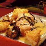 Aromatic Steamed Salmon with Sake Butter, Crispy Rice Cakes, and Szechwan Grilled Eggplant
