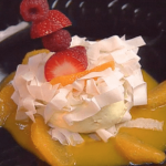 White Chocolate – Passion Fruit Mousse with Crisp Fettuccine Napoleon and Mango – Ginger Sauce ►
