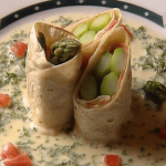 Asparagus in Ambush with Ozark Country Ham and Crowley Cheese with Parsley Sauce ►