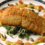 Cedar-planked Salmon with Wilted Greens and Toasted Pumpkin Seed Vinaigrette ►