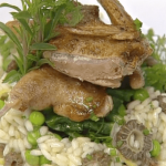 Sauteed Quail with Pea Shoots and Herbed Morel Risotto ►
