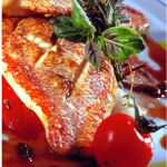 Fillet of Vivaneau (Red Mullet) with Endive-tomato Confit and  Brown Gravy with Black Olives and Basil