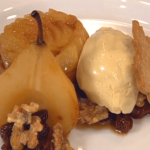 Pear Tart Tatin with Maple Walnut and Sour Cherry Compote, Roasted Caramel Pears, and Maple Ice Cream