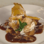 Bananas Foster French Toast with Crisp Plantains and Spicy Candied Walnuts