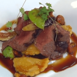 Grilled Venison with Fig-stuffed Carrot Pierogis and Red Wine Sauce