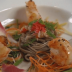 Seared Pacific Shrimp with Soba Noodles, Crab Meat, Asian Vegetables, and Garlic-Miso Dressing