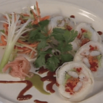 Grilled Shrimp in Rice Paper with Avocado and Asian Broccoli Slaw