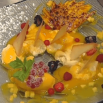 Crème Brûlée with Caramelized Mangoes and Mango Purée