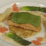 Pan-seared Salmon with Herb Crust and Porridge Pancake