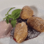Sweet Cheese Quenelles with Stewed Plums and Port Wine Sorbet