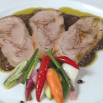 Rolled Suckling Pig with Marinated Vegetables and Quirquina Sauce