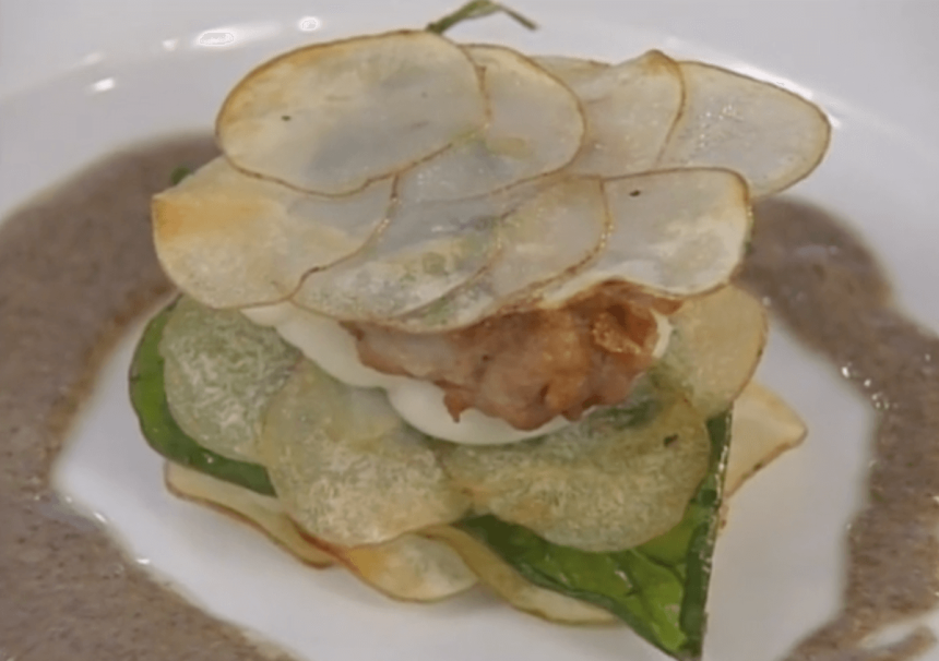 Crispy Potato and Sweetbread Napoleon with Mushroom Coulis
