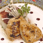 Kasu-marinated Sturgeon with Grilled Rice Cakes, Umaboshi Plum Vinaigrette, and Beet Oil