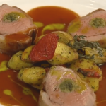 Saddle of Lamb with Pesto and Fingerling Potato, Baby Artichoke, and Oven-dried Tomato Ragout