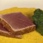Spice-crusted Yellowfin Tuna with Confit of Spinach and Yellow Bell Pepper Sauce