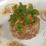 Curried Tuna Tartare with Crab, Crispy Salsify, Cucumber, and Radish  Oil﻿