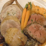 Stuffed Quail and Peppered Beef Tenderloin with Wild Rice and Barley Pilaf, and Root Vegetable Puree