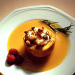 Baked Peaches with Macadamia Nuts and Apricot Coulis