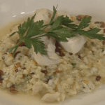 Risotto with Bacon, Silver Queen Corn, and Catfish