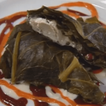 Stuffed Collard Greens with Roasted Chicken, Carolina Goat Cheese, and Black-eyed Pea Salad